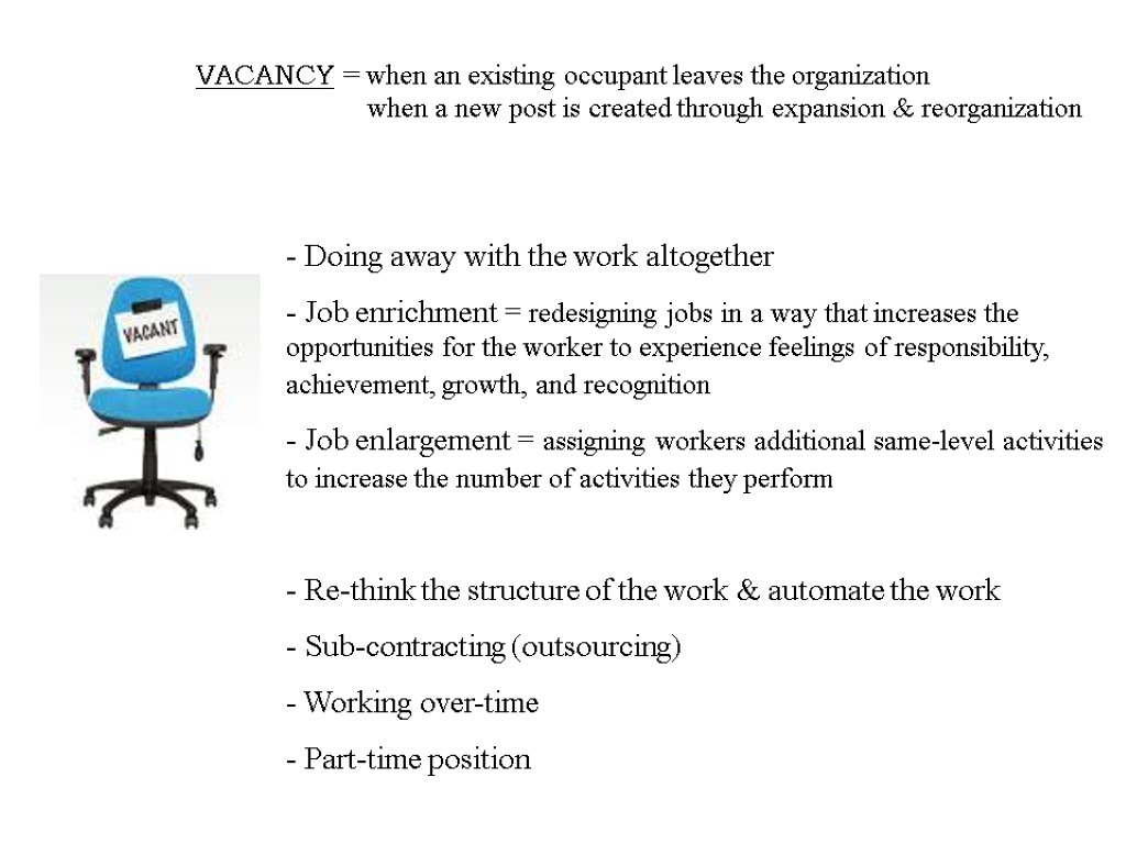 VACANCY = when an existing occupant leaves the organization when a new post is